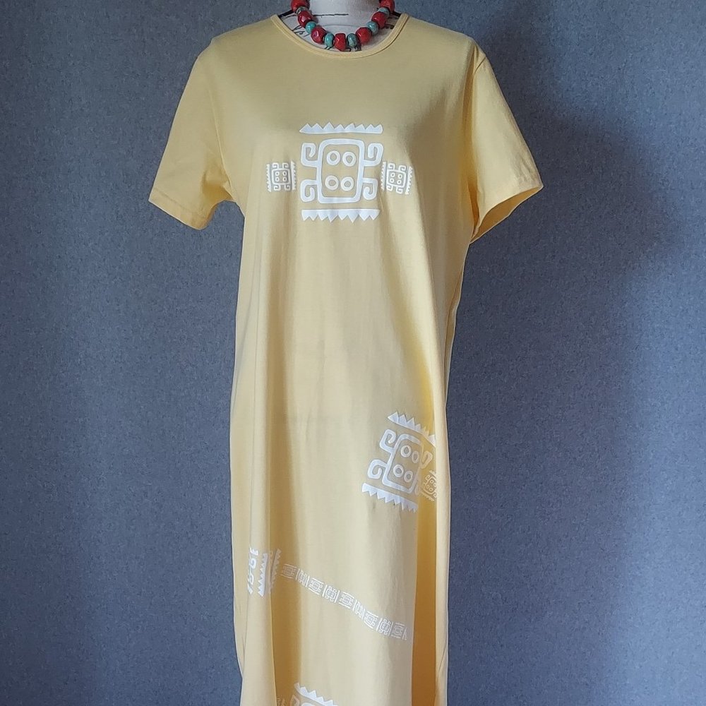 Super Line Tribal Printed Maxi Tunic Shift Dress Short Sleeve Yellow Made in USA